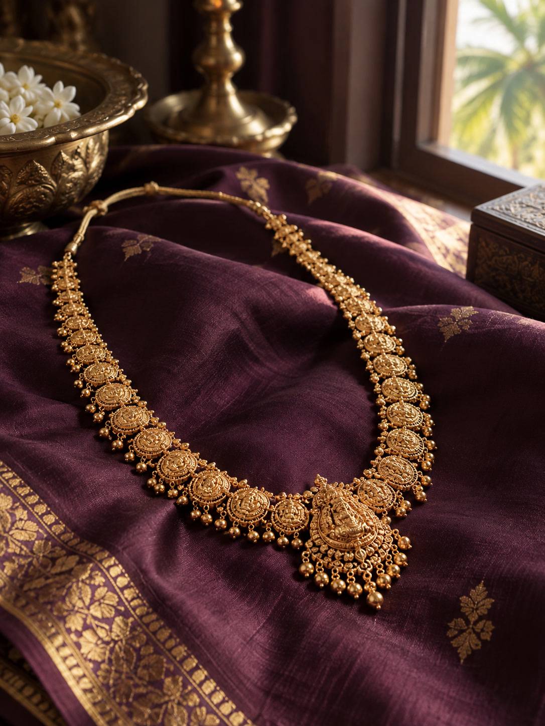 මාතර හවස් ජනේල එළියේ, plum silk මත රන් bridal necklace එකක්