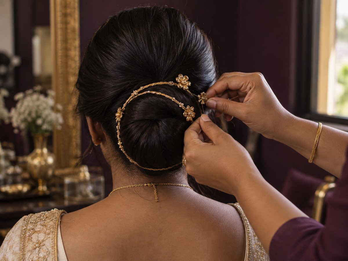 පිටුපසින් පේන අත් දෙකක් bridal bun එකක් අල්ලනවා — මූණක් නැහැ