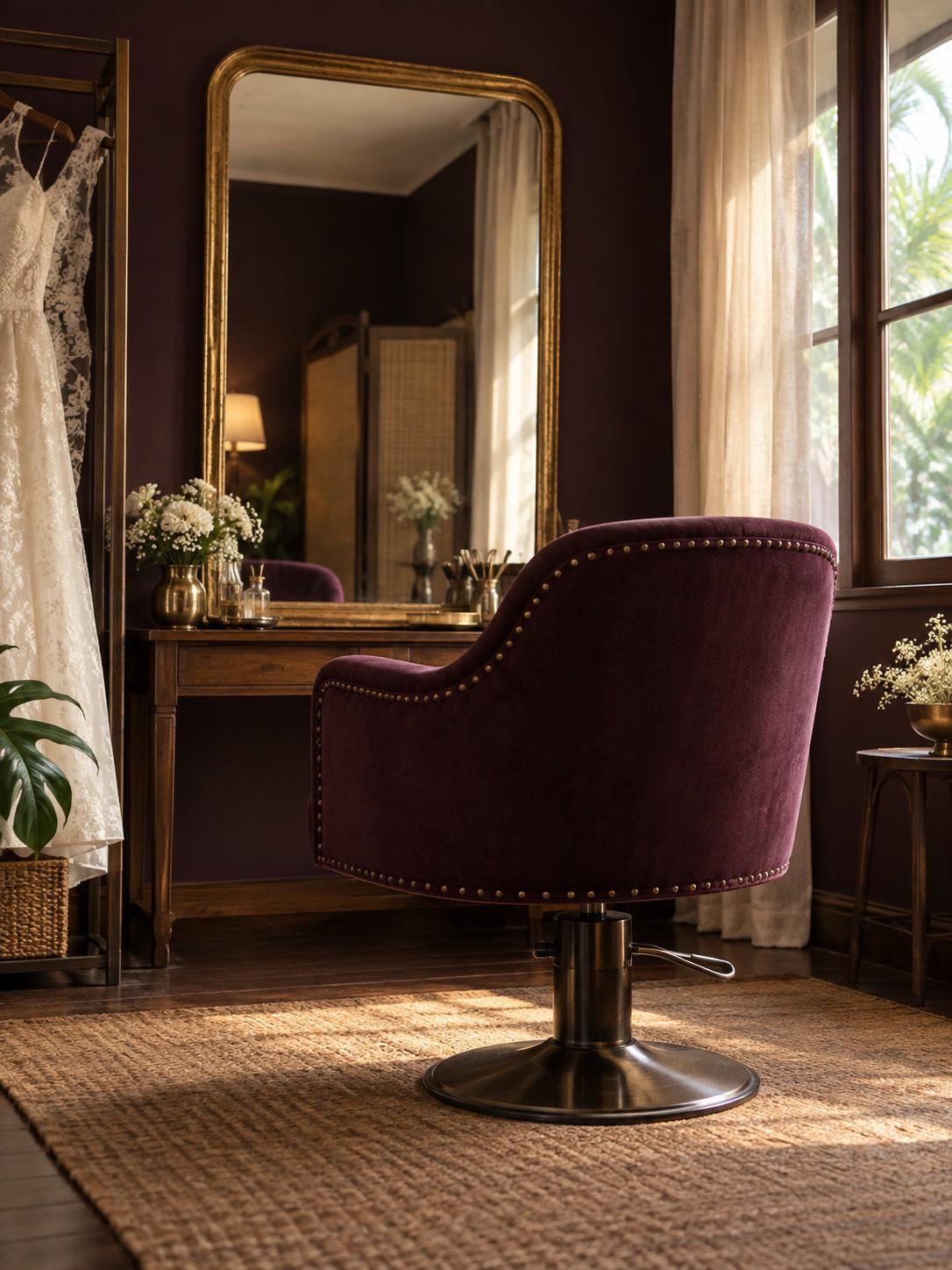 රන් කොටුවක් තියෙන, හිස් plum salon chair එකක්