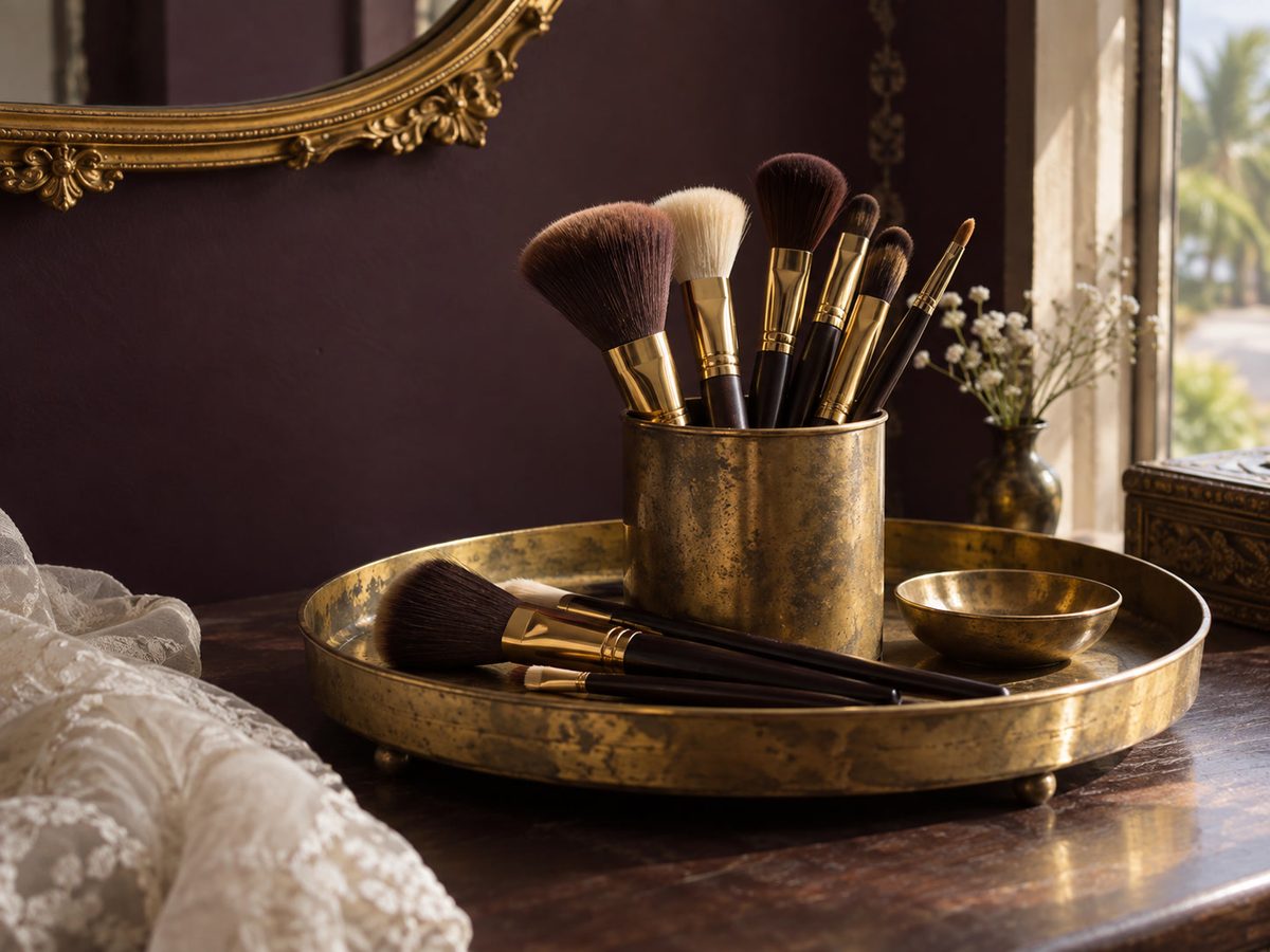 පිත්තල tray එකක makeup brushes, plum බිත්තිය